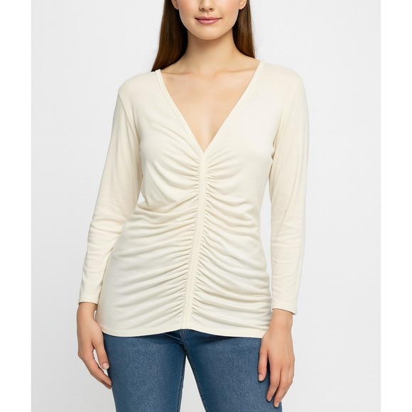 WHBM White House Black Market Cream Ruched‎ V-Neck 3/4 Sleeve Blouse S - Picture 1 of 8